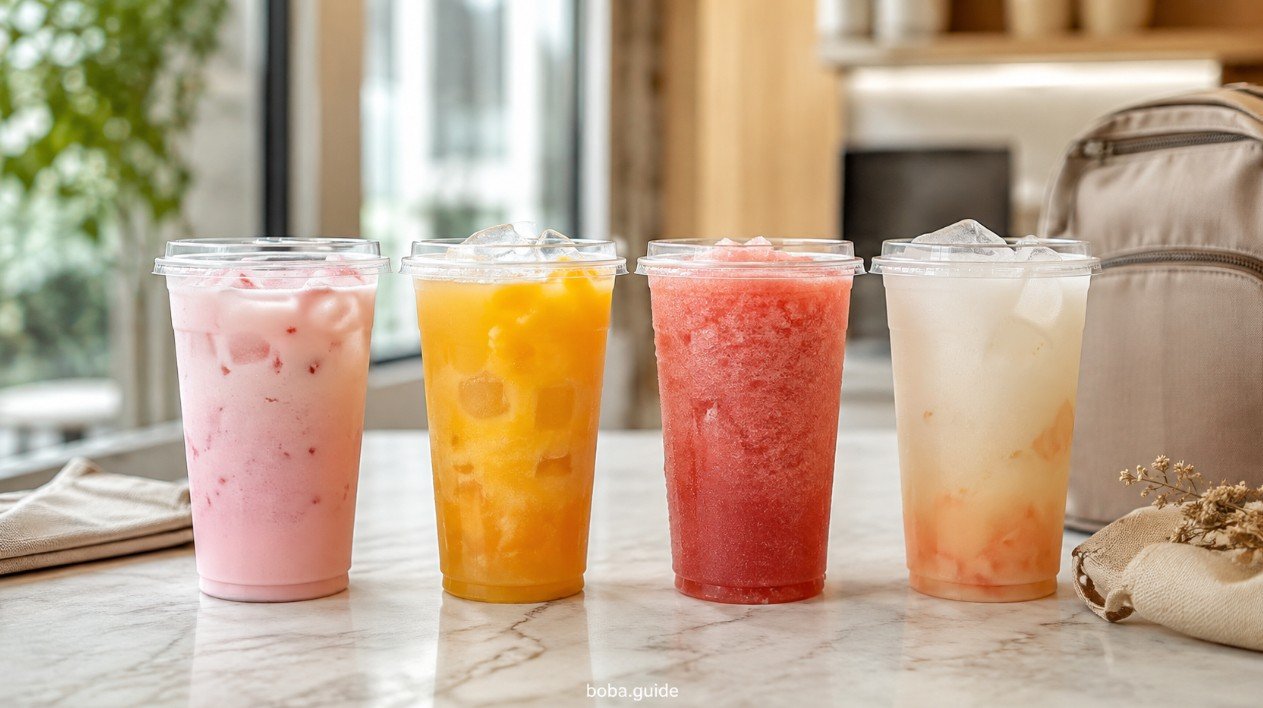 Family-friendly boba drink choices with fruit and milk-based options for parents choosing bubble tea for kids
