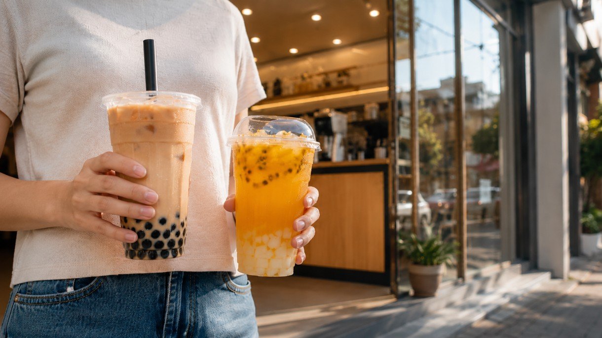 Person holding milk tea and passion fruit tea outside a neighborhood boba shop