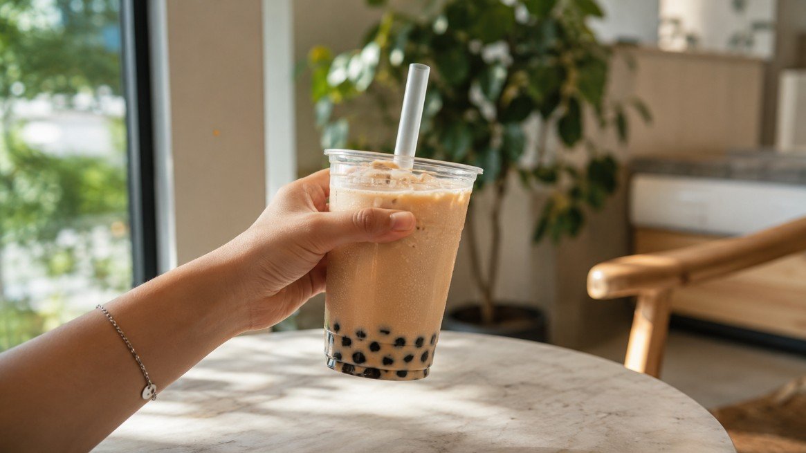 A person holding jasmine milk tea with visible tapioca pearls before tasting it
