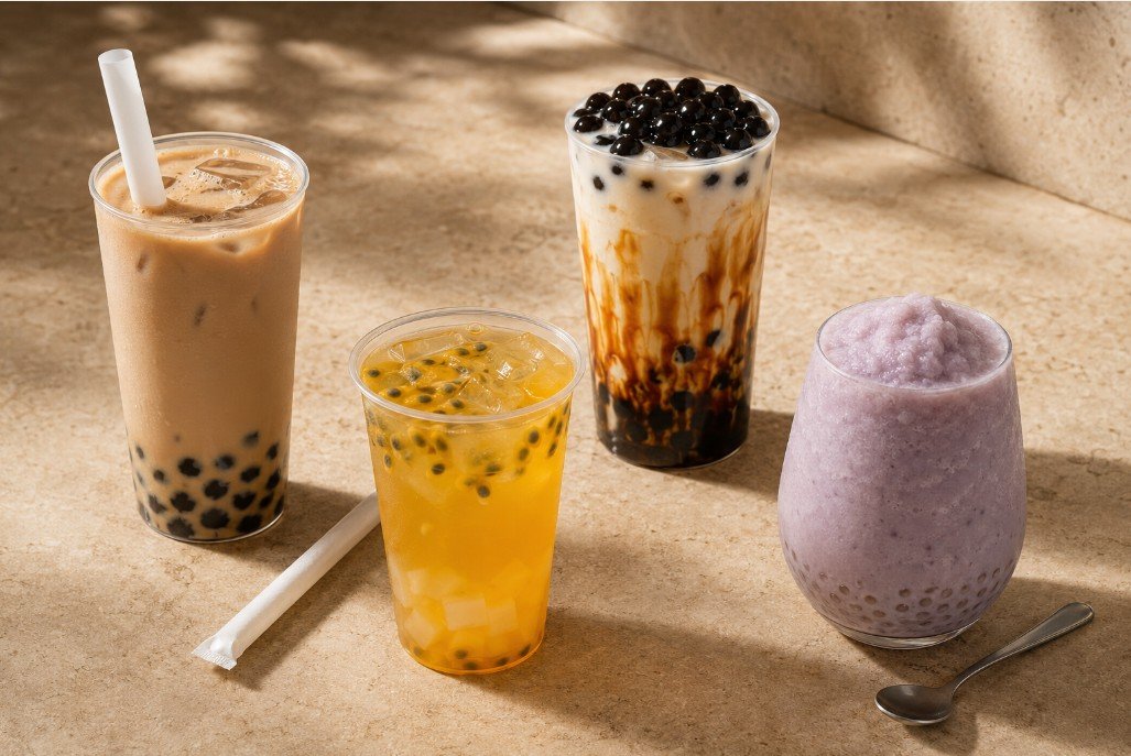 Four main boba drink families: milk tea, fruit tea, fresh milk and slush