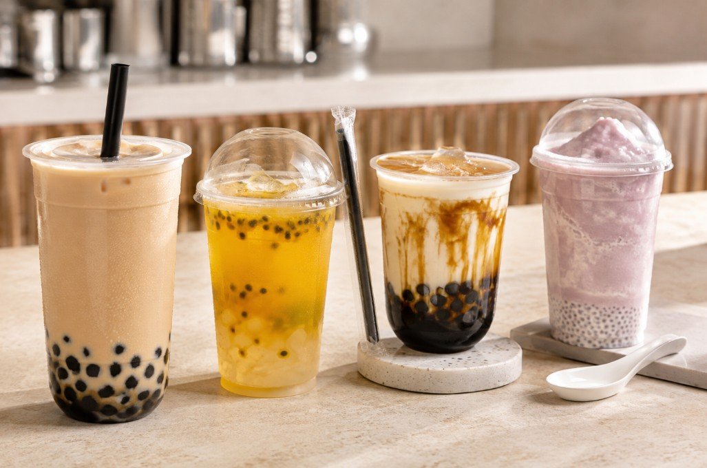 Four main boba tea drink families including milk tea, fruit tea, fresh milk and slush