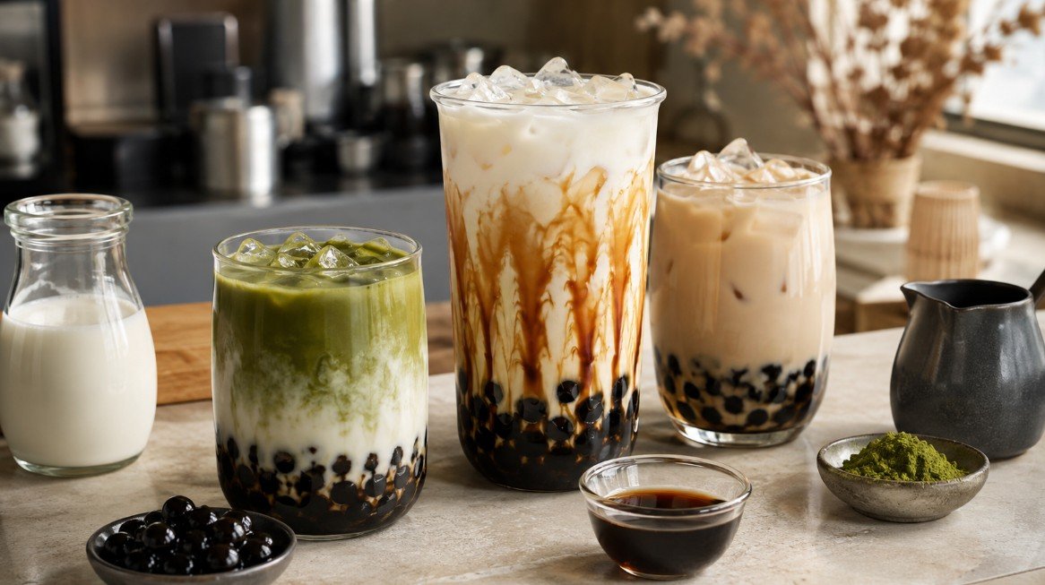 Fresh milk boba with brown sugar, matcha and roasted oolong with tapioca pearls