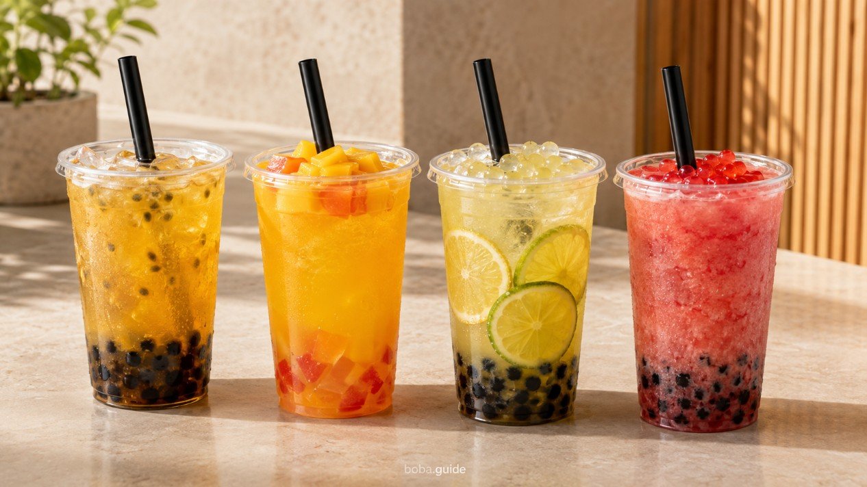 Refreshing fruit tea, citrus, slush and jelly boba drinks for people who prefer less creamy bubble tea