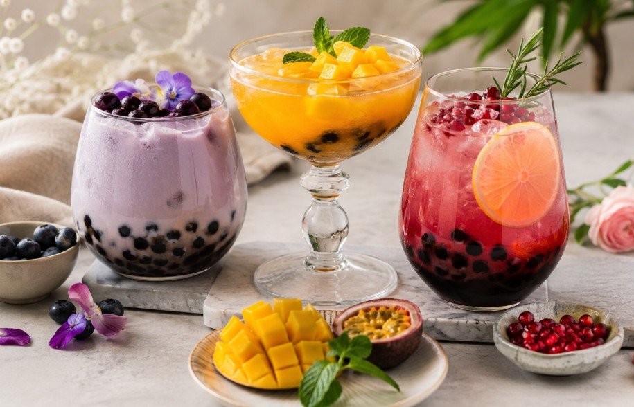 Mango, blueberry and pomegranate fruit boba drinks