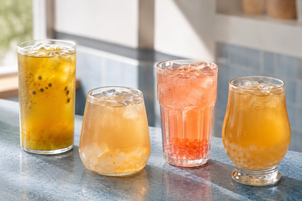 Passion fruit, peach, strawberry and lychee fruit tea boba drinks