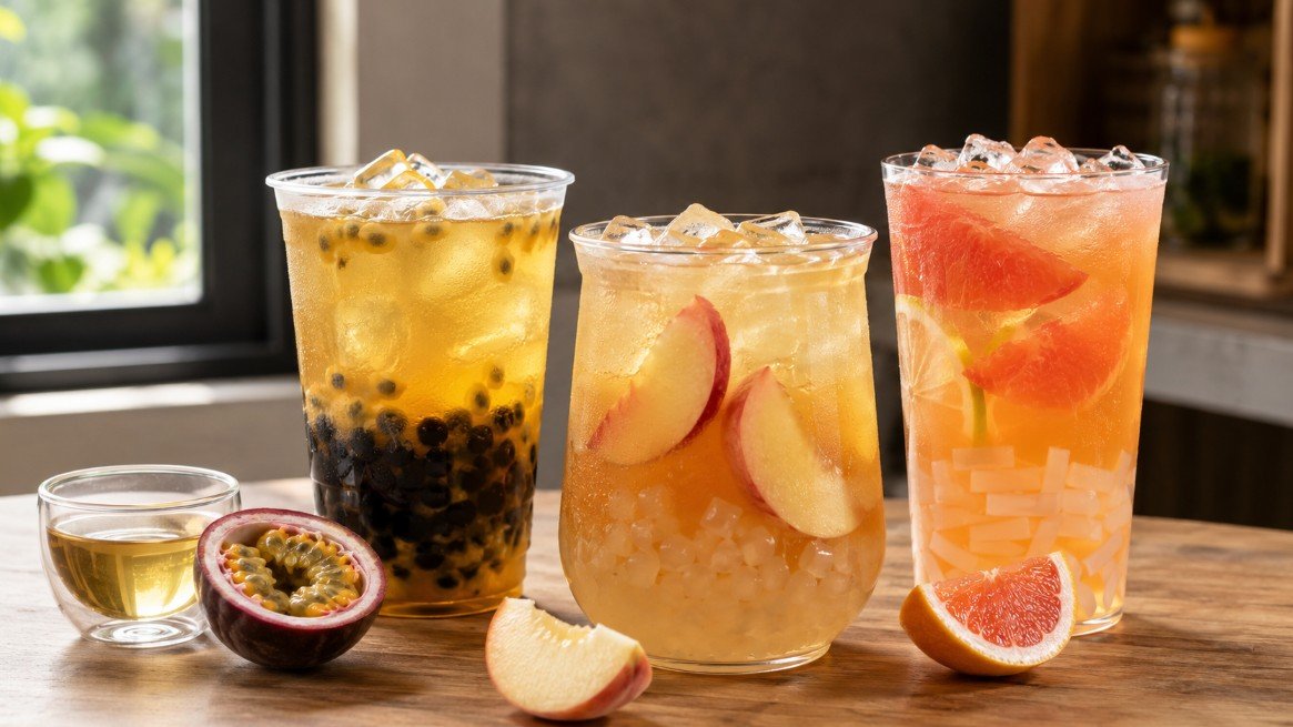 Passion fruit, peach jasmine and citrus fruit teas with tapioca pearls, crystal boba and jelly