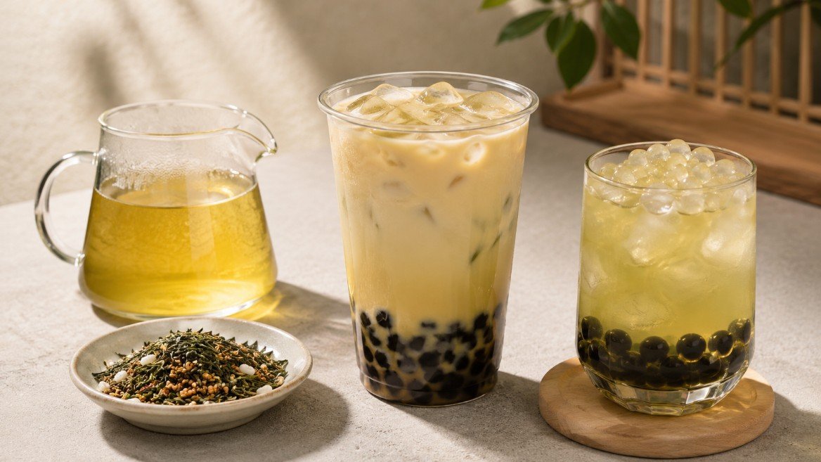 Genmaicha boba with roasted rice green tea, milk tea and black tapioca pearls