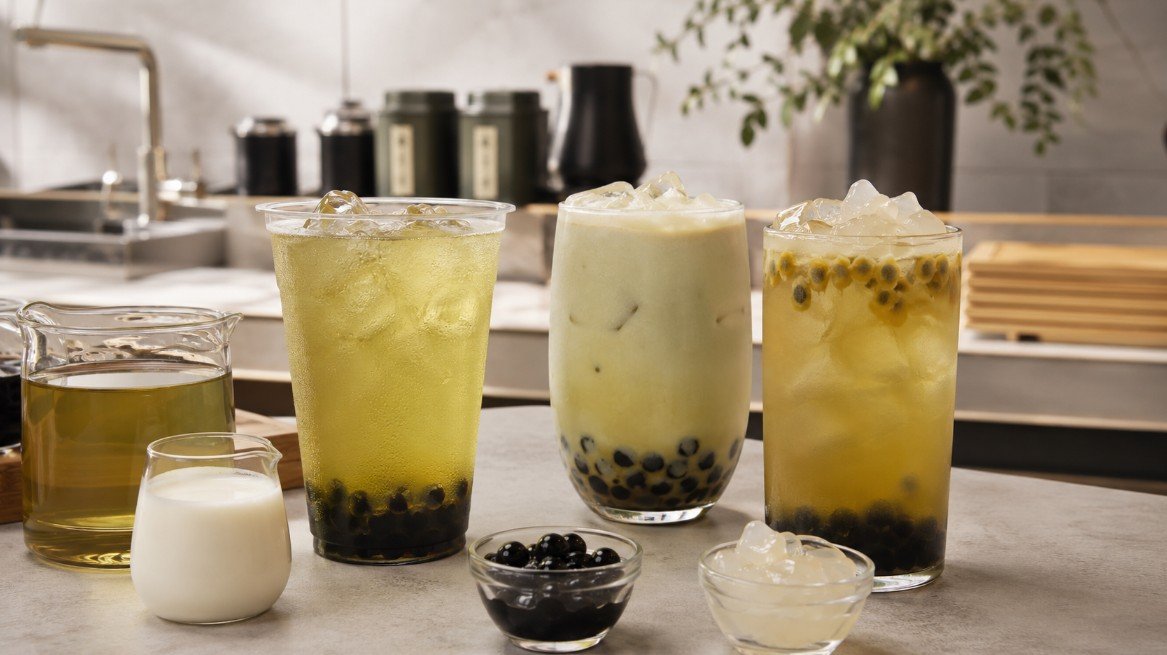 Green tea boba with clear iced green tea, green milk tea and fruit green tea with tapioca pearls and jelly.