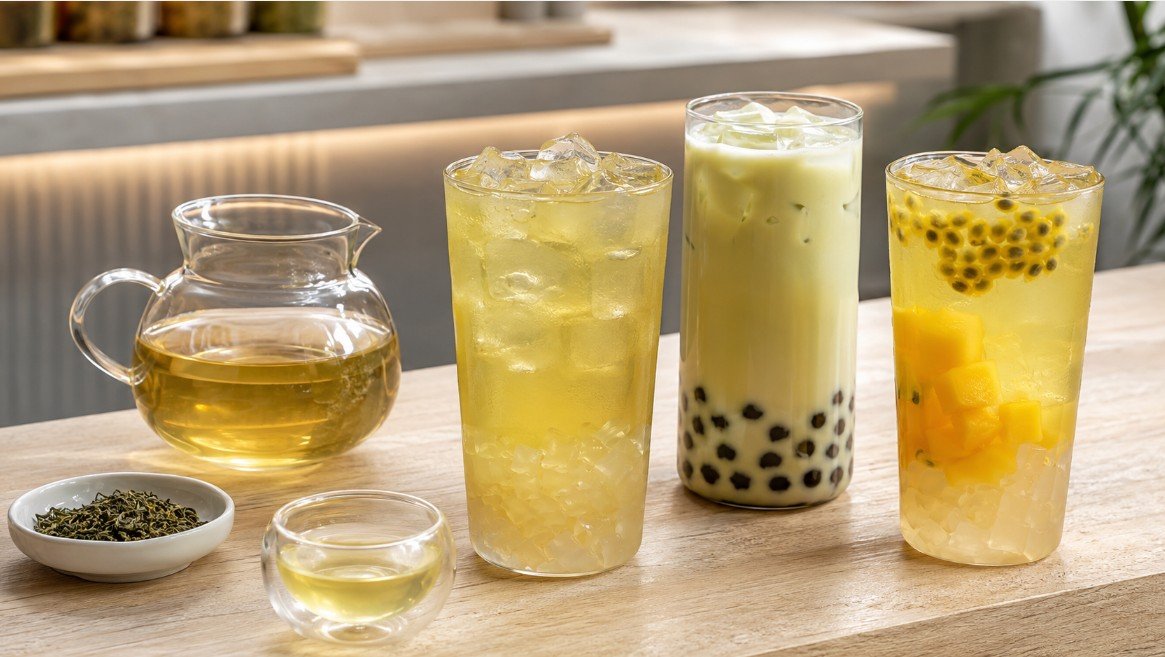 Green tea for boba with brewed tea, green milk tea and fruit green tea