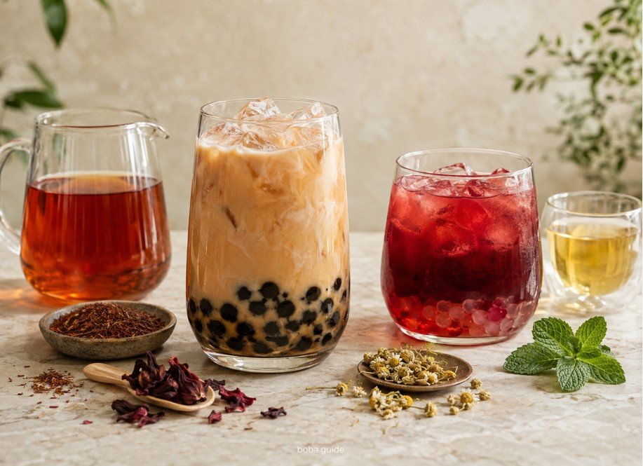 Rooibos milk boba and hibiscus fruit boba showing different herbal tea bases for bubble tea