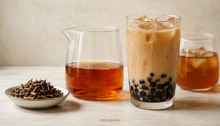 Hojicha boba with roasted Japanese tea, milk tea and black tapioca pearls