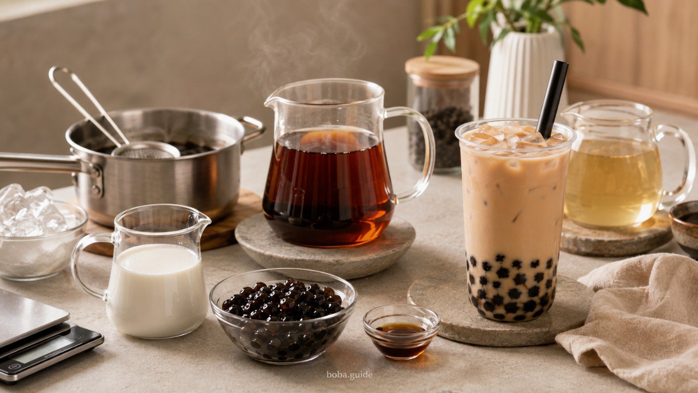 Homemade boba tea with brewed tea, cooked tapioca pearls, milk, syrup and ice