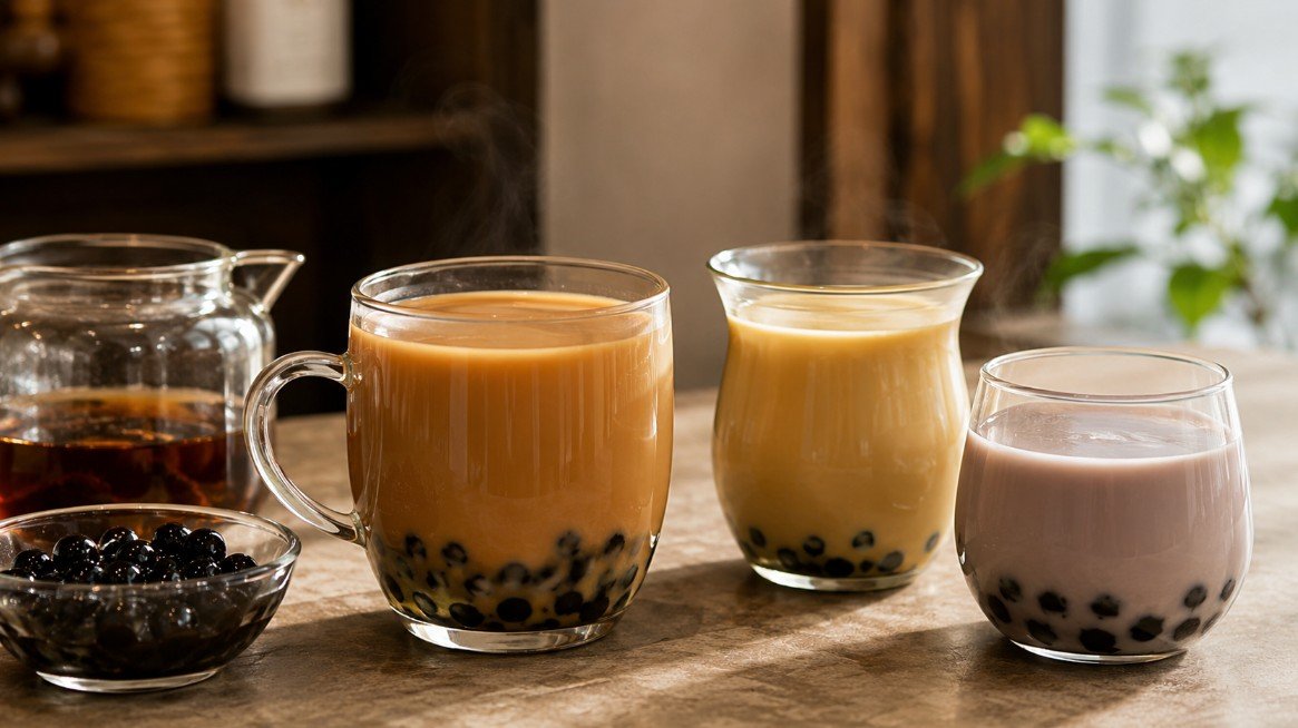 Hot boba tea with black milk tea, oolong milk tea and taro milk tea served warm with tapioca pearls.