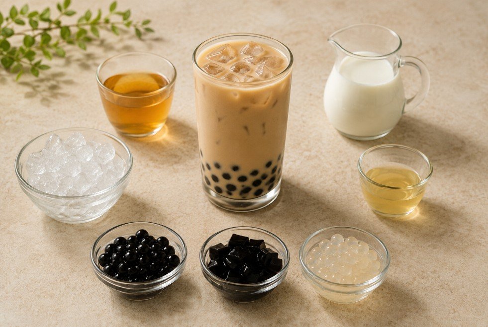Tea, milk, flavor, sweetener and toppings arranged around a finished boba drink