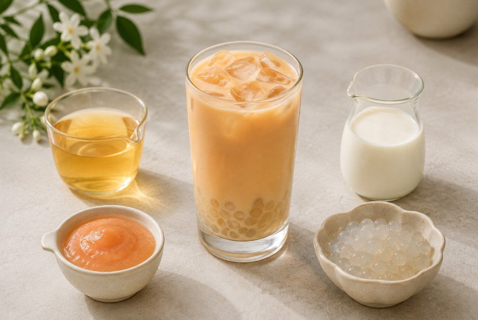 A finished peach jasmine milk tea surrounded by jasmine tea peach flavor milk and crystal boba components
