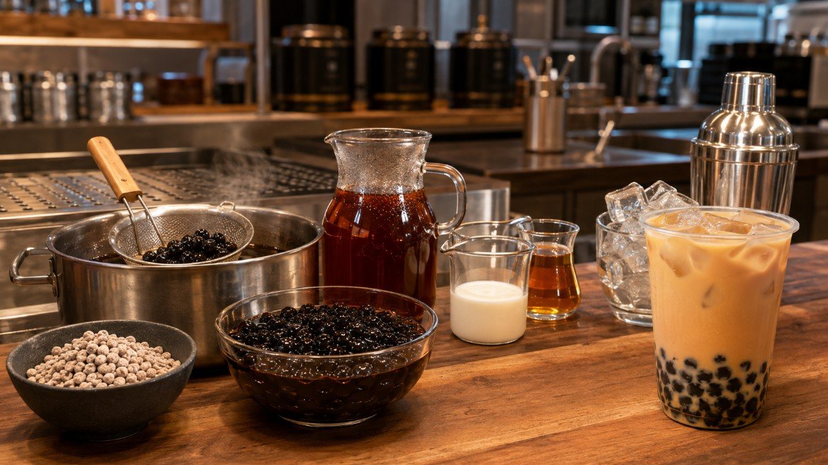 Boba making process with uncooked tapioca pearls, cooked black pearls, brewed tea, milk, ice and finished pearl milk tea