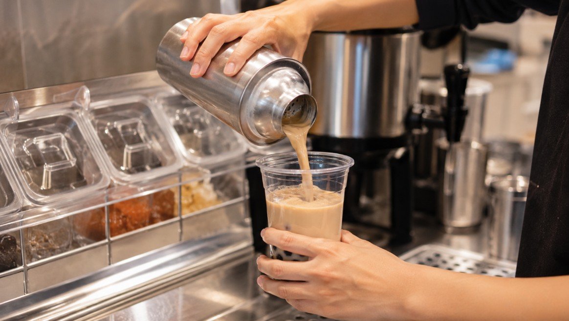 Freshly shaken milk tea being poured into a cup containing tapioca pearls