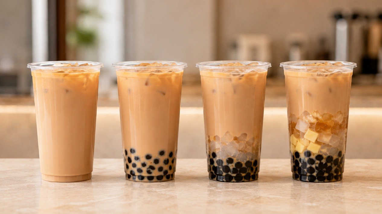 Bubble tea cups with different amounts of boba toppings from none to several toppings