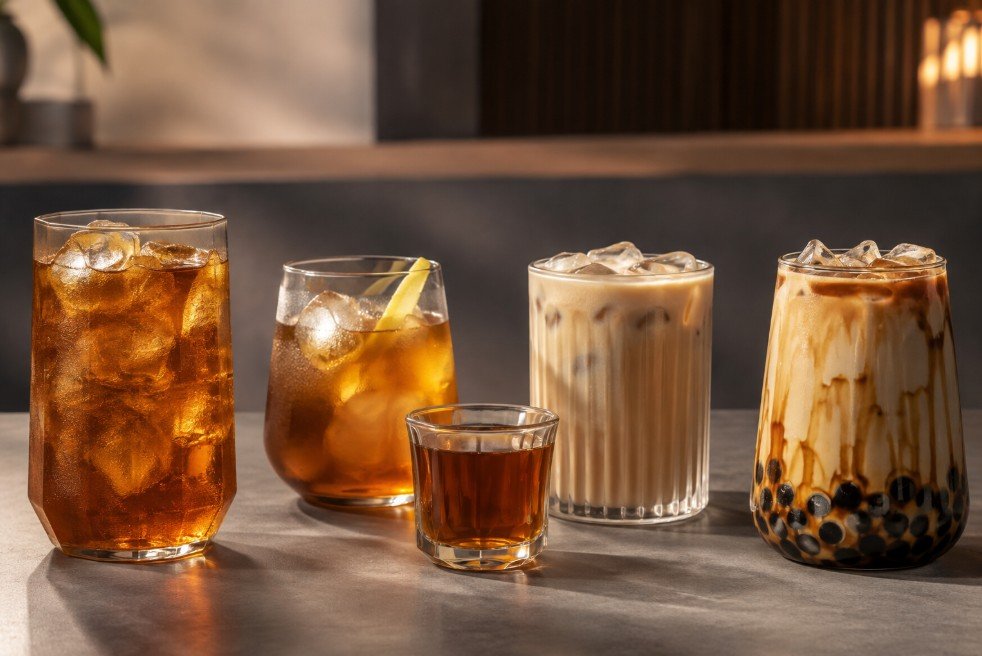 Roasted oolong shown as plain tea, fruit tea, milk tea and brown sugar boba