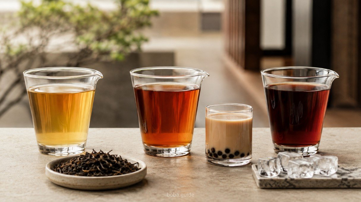 Three black tea infusions showing weak, ideal and overly strong tea for boba