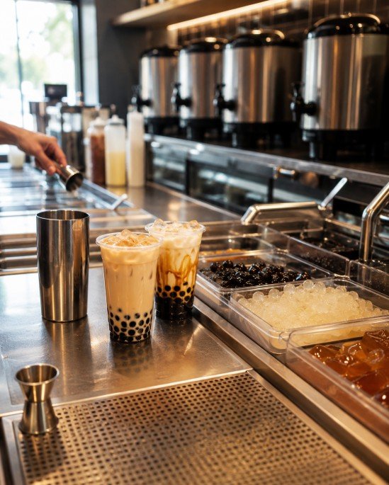 Clean boba shop preparation counter with fresh pearls tea and finished drinks