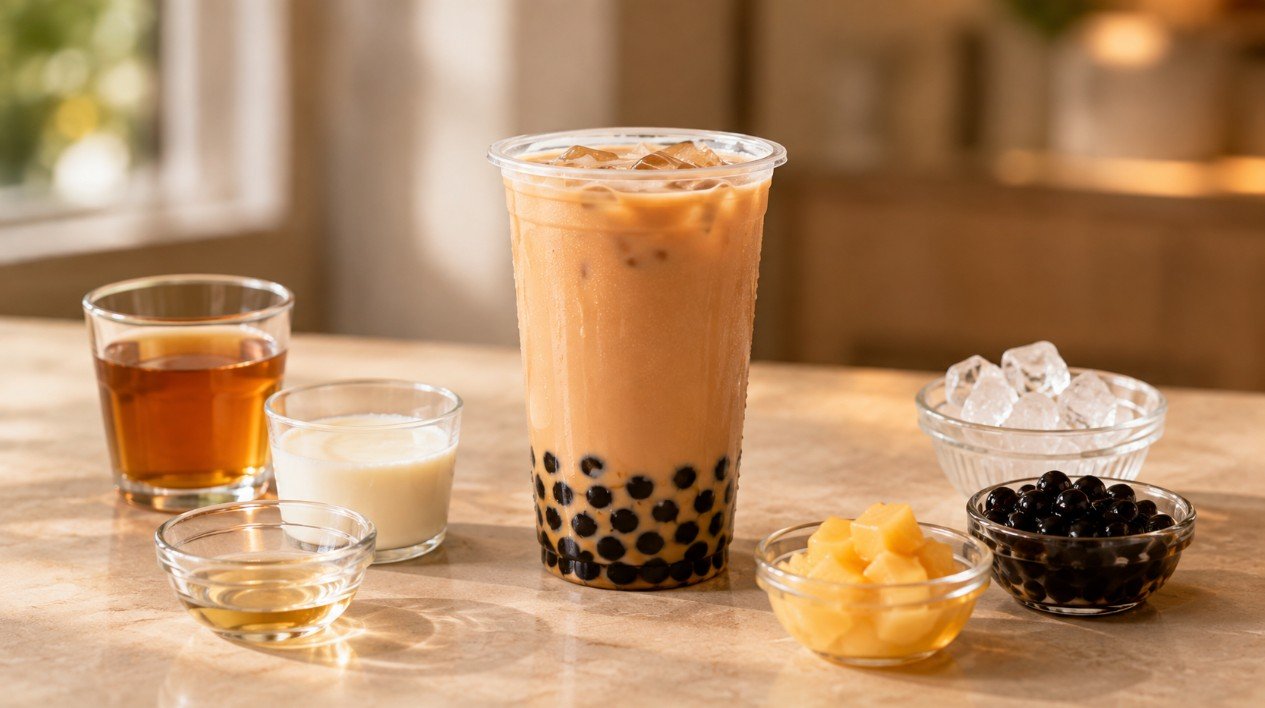 Bubble tea with tea, milk, ice, sweetness and topping options for customizing a boba order
