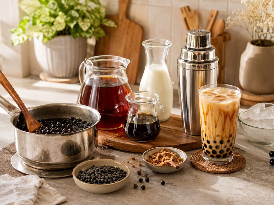Homemade boba ingredients, cooked pearls, tea and finished drinks