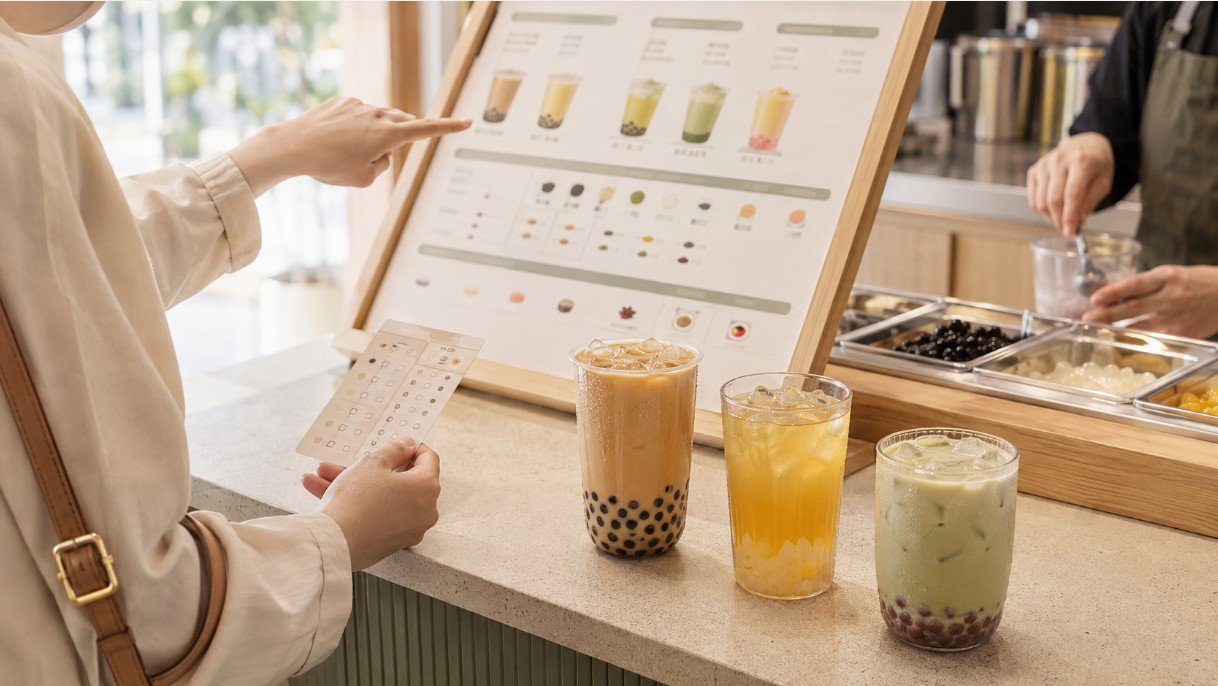 Customer choosing bubble tea at a modern café counter with three different drinks and a customization menu.