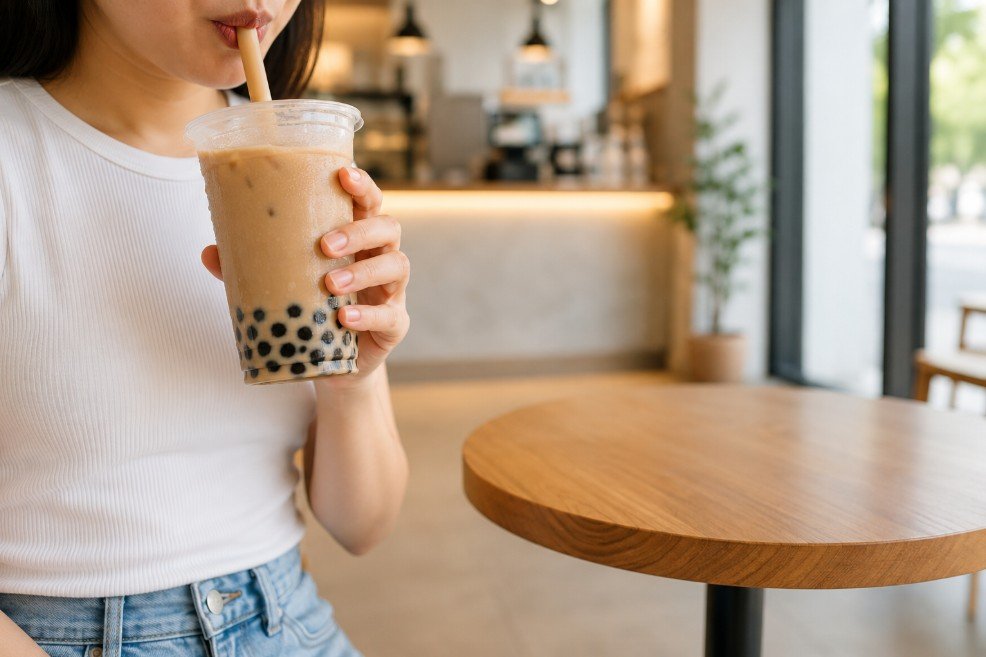 First-time boba drinker holding a classic milk tea