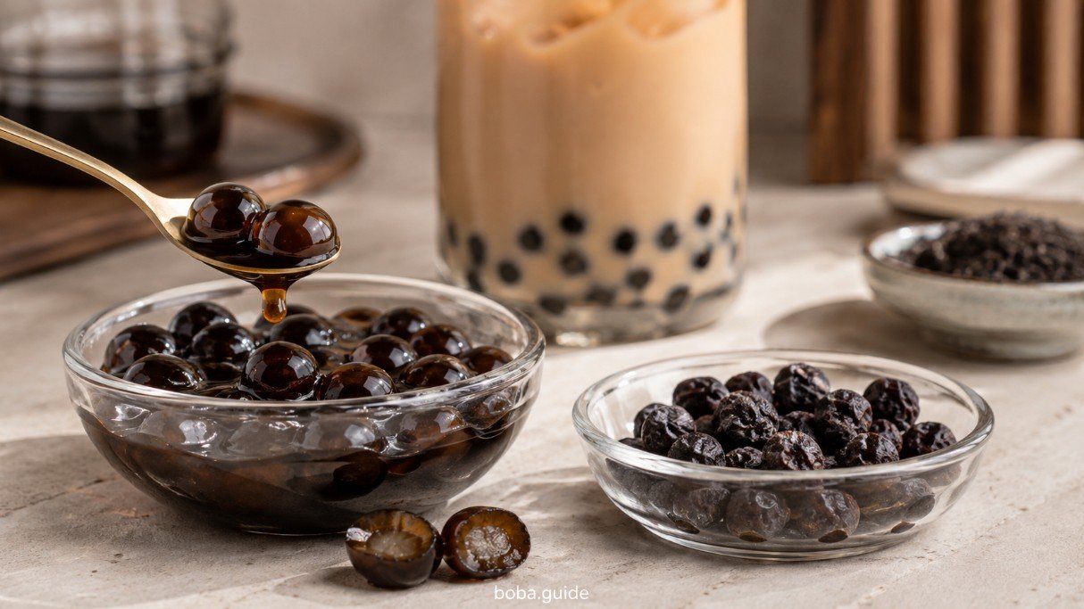 Fresh glossy tapioca pearls compared with older dull boba pearls