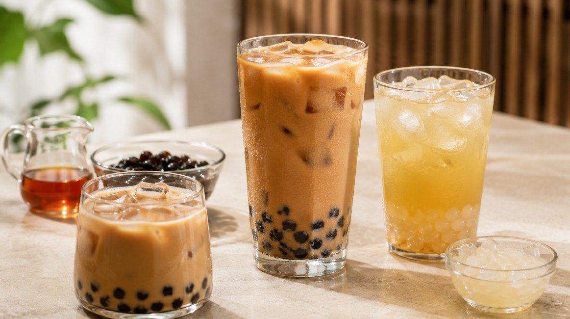 Iced boba tea with black milk tea, lighter jasmine tea, tapioca pearls and crystal boba served over realistic ice.