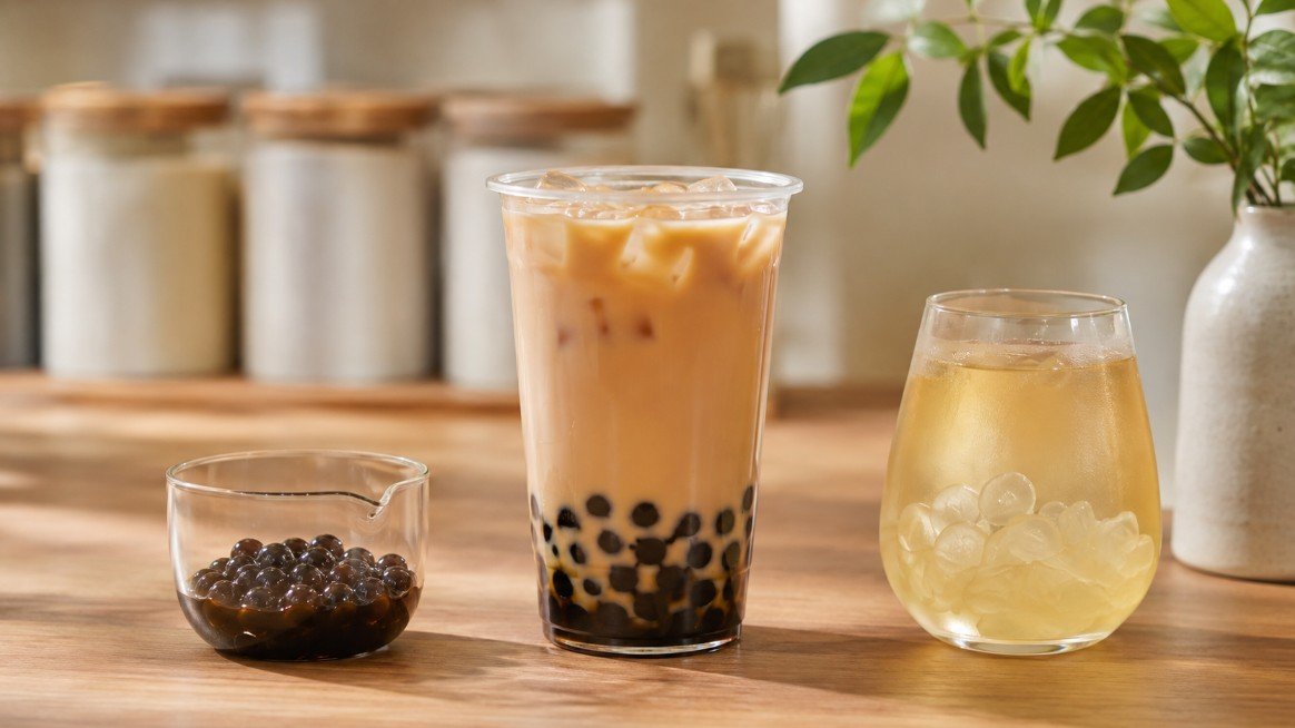 Bubble tea with tapioca pearls beside separate boba pearls and a fruit tea with jelly, showing how boba can mean both the drink and the topping.