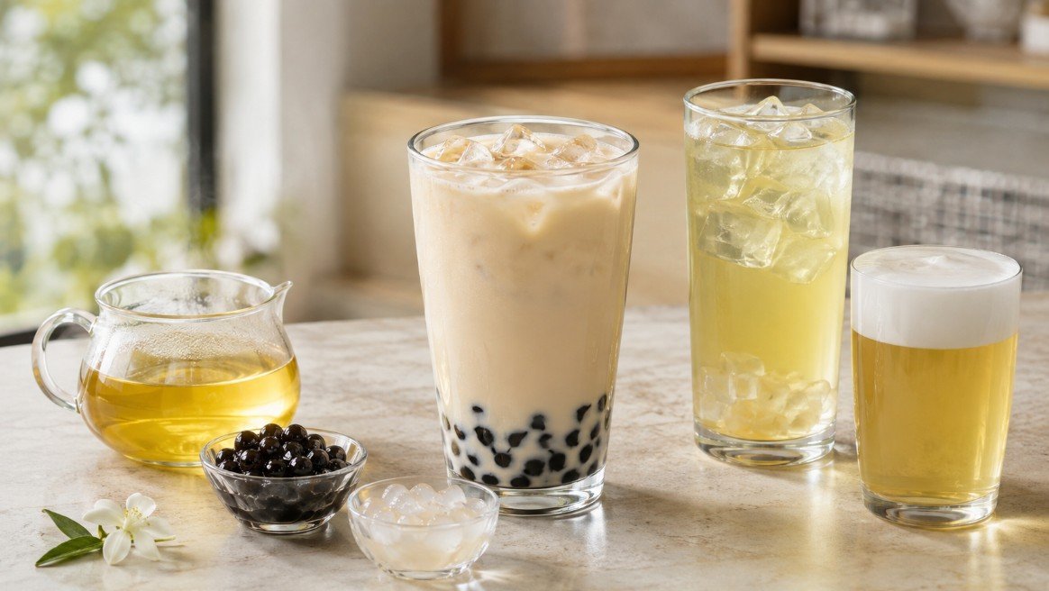 Jasmine tea boba with jasmine milk tea, clear jasmine green tea, milk foam and crystal boba.