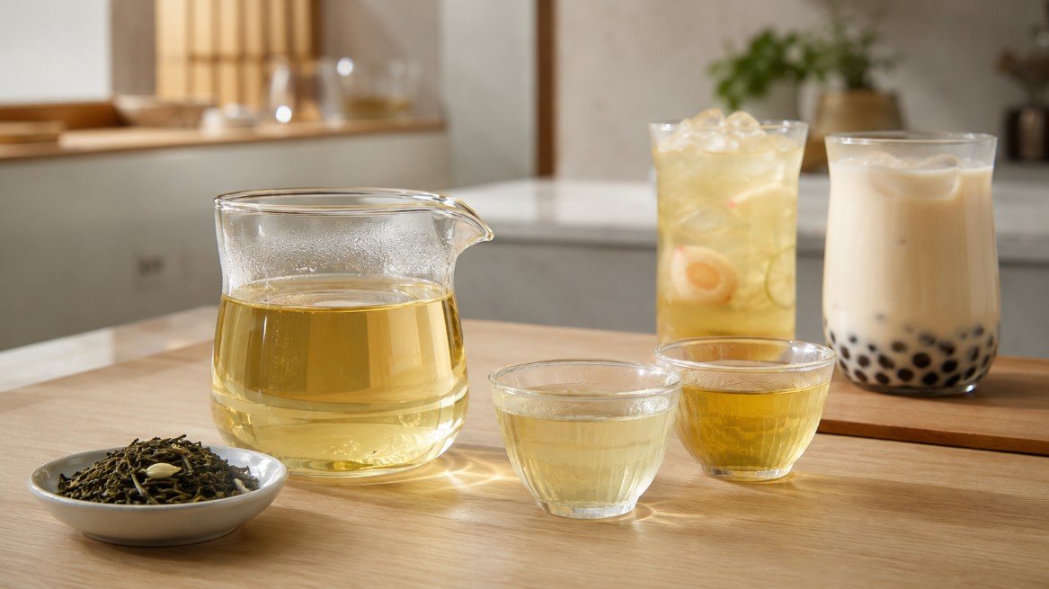 Jasmine tea for boba with brewed jasmine green tea, jasmine fruit tea and light jasmine milk tea