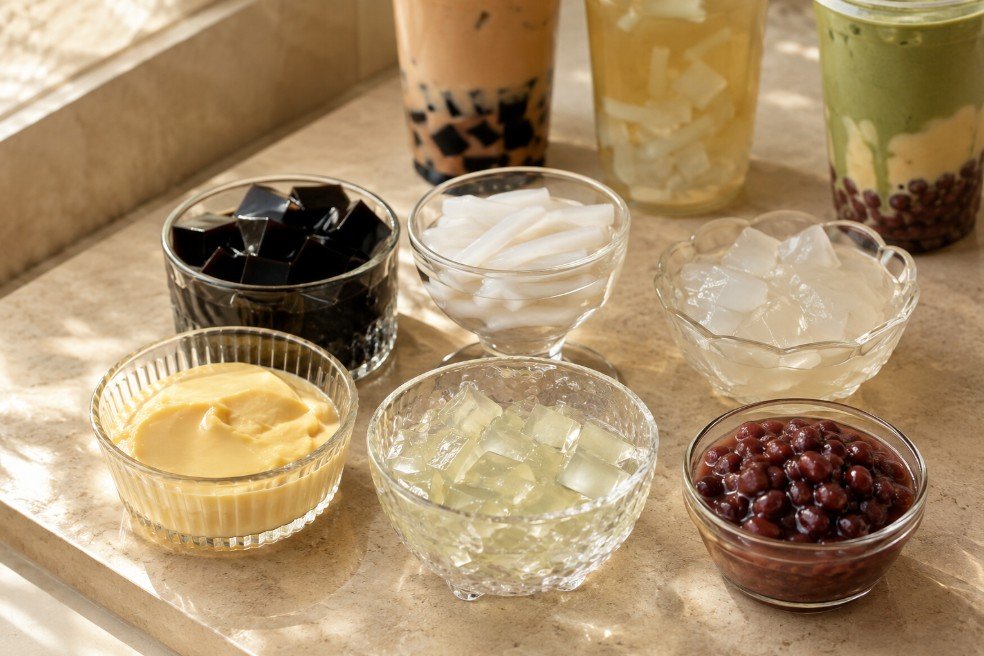 Grass jelly, coconut jelly, lychee jelly, egg pudding, aloe vera and red beans as boba toppings