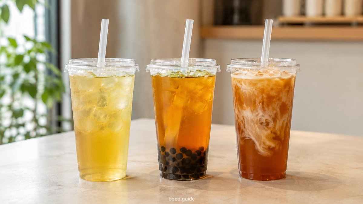Lightly sweetened jasmine, oolong and black tea boba drinks with simple toppings