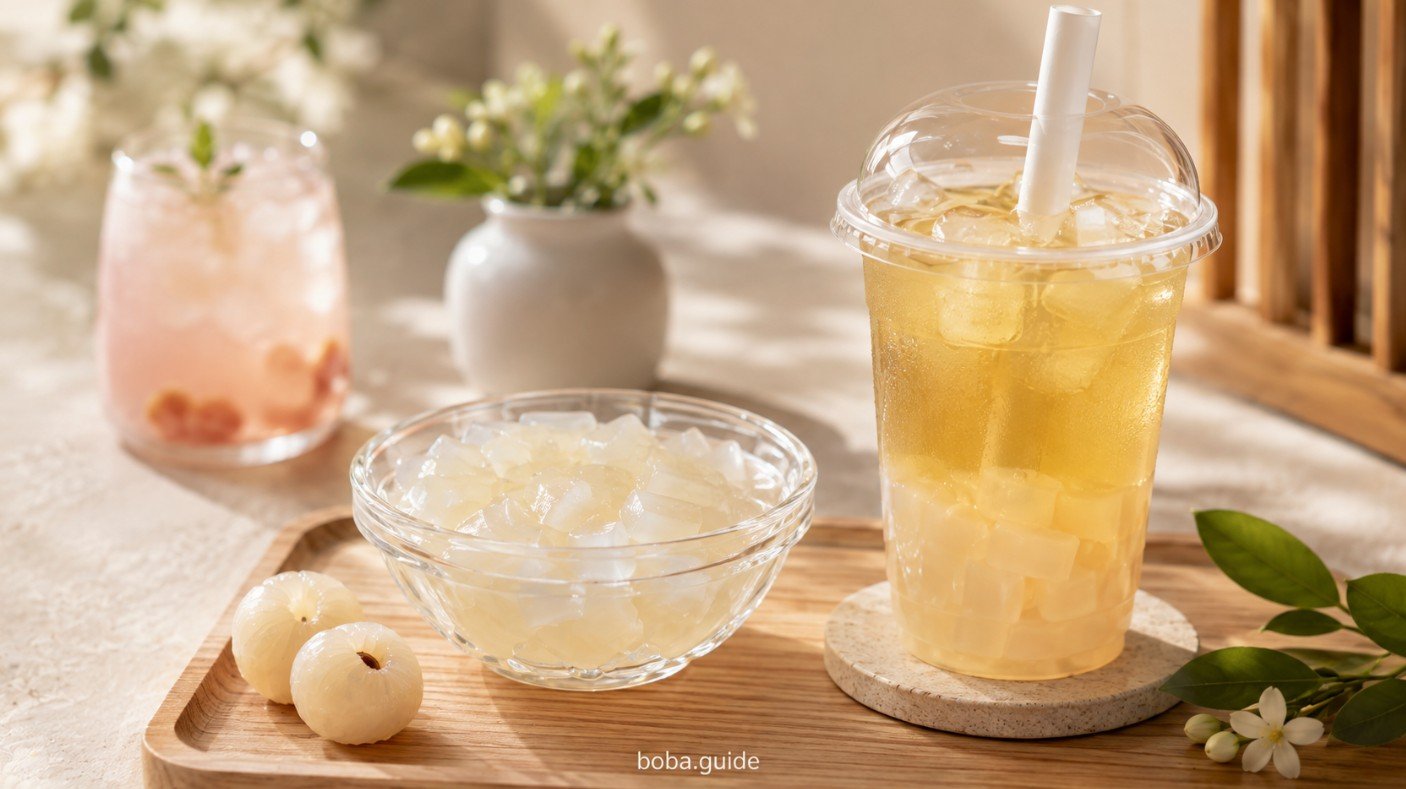 Lychee jelly topping with fresh lychee fruit and jasmine fruit tea for bubble tea