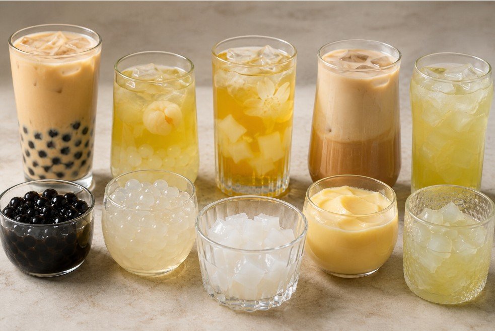 Five main families of boba toppings paired with milk tea and fruit tea drinks