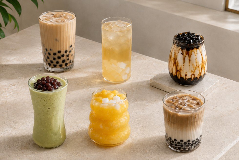Six bubble tea drinks representing milk tea fruit tea fresh milk slush matcha and coffee menu sections