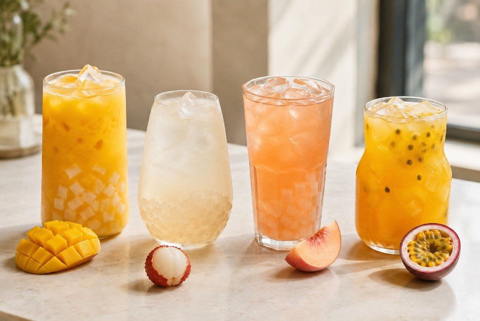 Mango, lychee, peach and passion fruit boba teas compared by color, tea base and topping