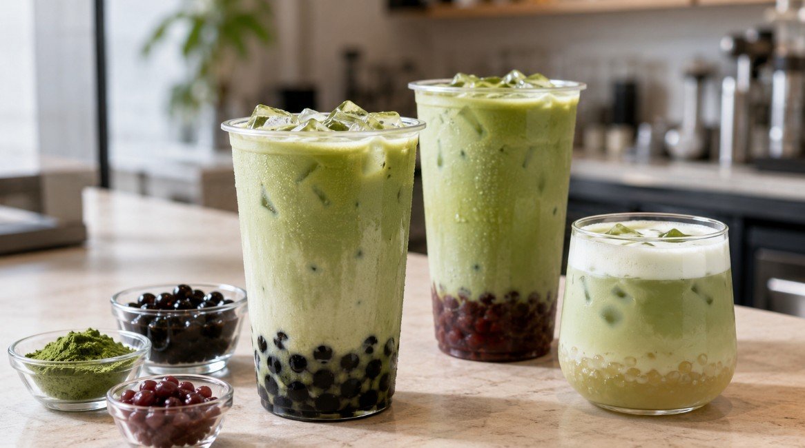 Matcha boba with creamy matcha milk, black tapioca pearls, red bean and a lighter crystal-boba variation
