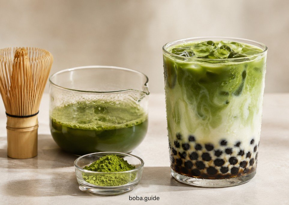 Matcha for boba with fresh milk, black tapioca pearls, whisked matcha and matcha powder