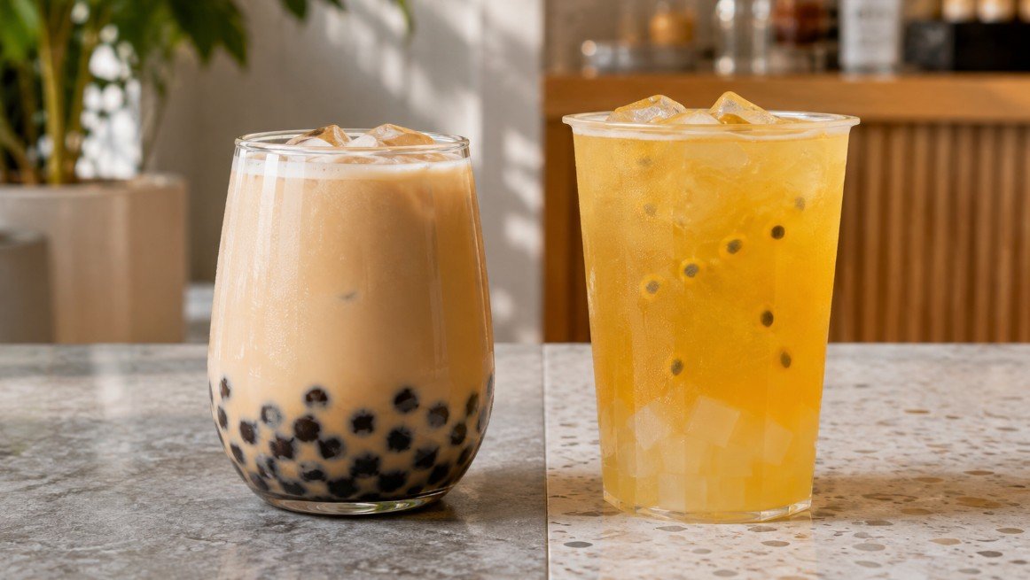 Creamy milk tea beside a clear fruit tea to show two major bubble tea families