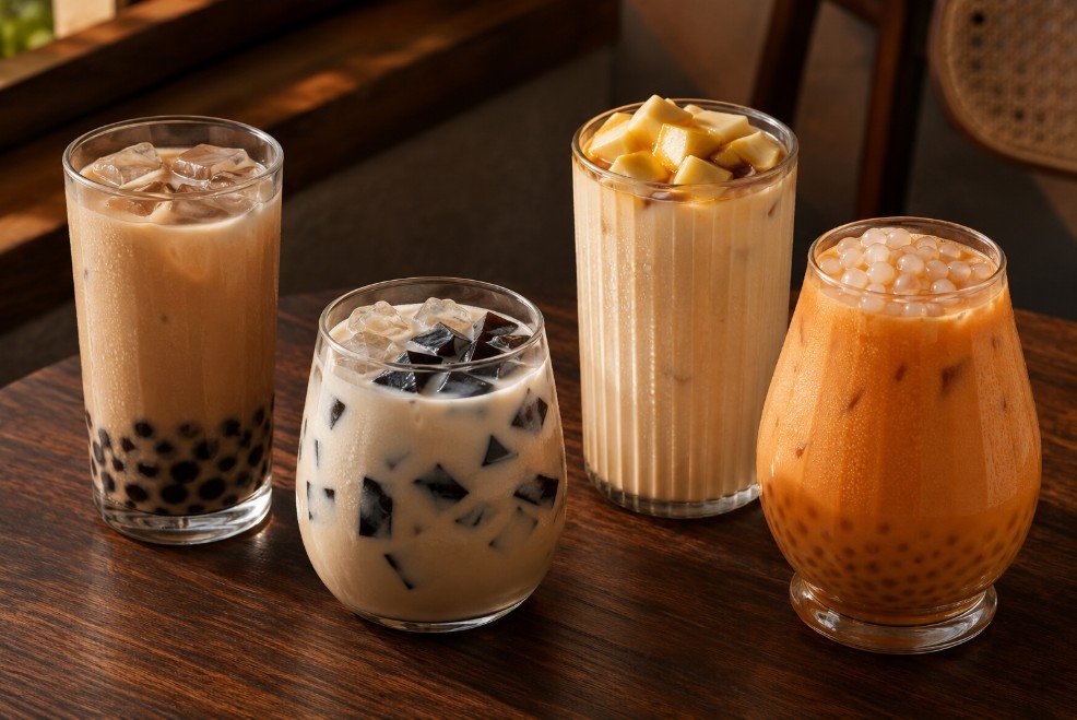 Black, jasmine, oolong and Thai milk tea drinks