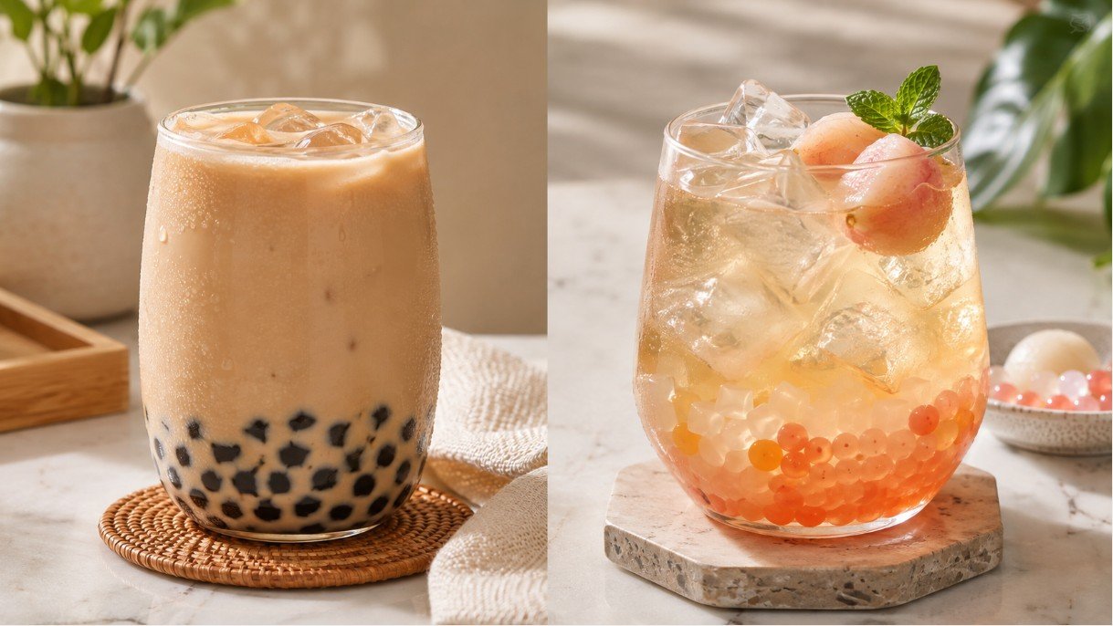 Creamy milk tea compared with clear fruit tea and different boba toppings