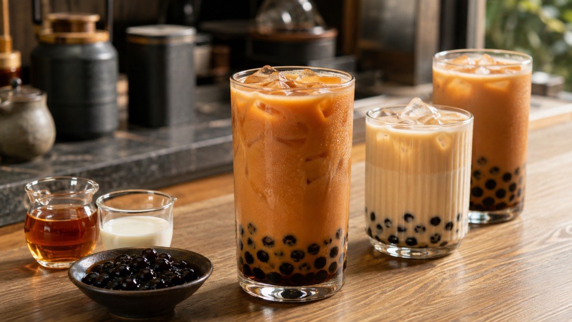 Milk tea with boba featuring black tea, jasmine milk tea and roasted oolong with tapioca pearls