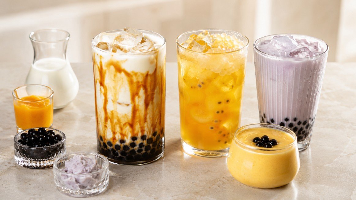 Non-tea boba drinks with brown sugar fresh milk, fruit boba, taro milk drink and a dessert-style boba variation.