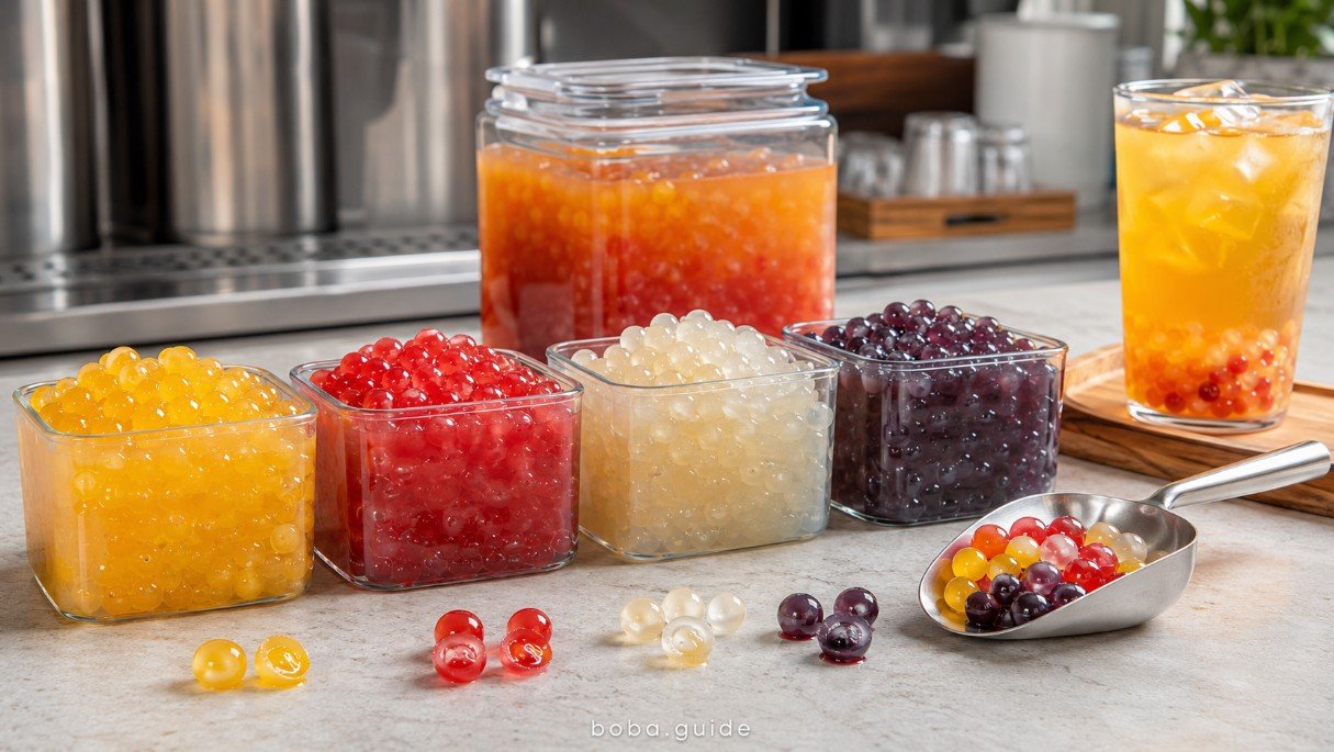 Different popping boba flavors compared by color, liquid filling, size and serving style