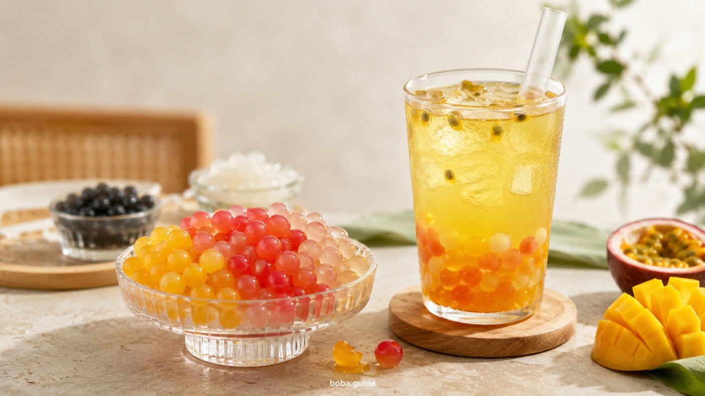Colorful popping boba pearls with fruit tea, showing liquid-filled bubble tea toppings in mango, strawberry, passion fruit and lychee flavors