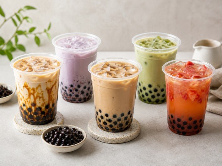 Colorful popular boba drinks in different flavors